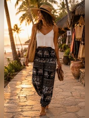 How Bazaar Elephant Harem Pants Small Black Rayon Boho Hippie Festival